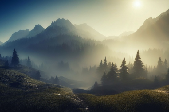 清晨朦胧的山林景色图片