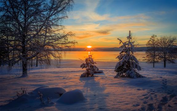 瑞典的冬天日落美景