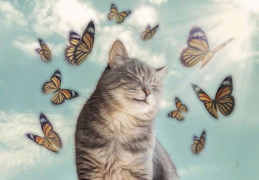 被蝴蝶环绕的幸福猫咪