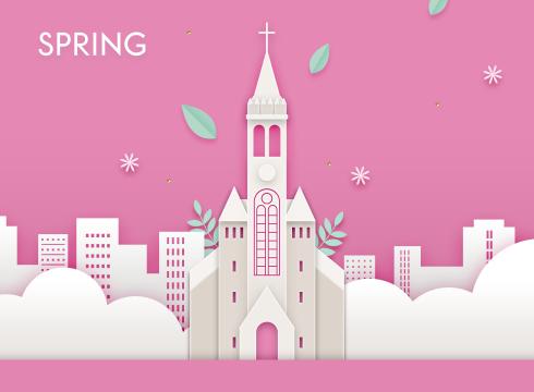 粉色韩式春天气息卡通立体花朵建筑海报